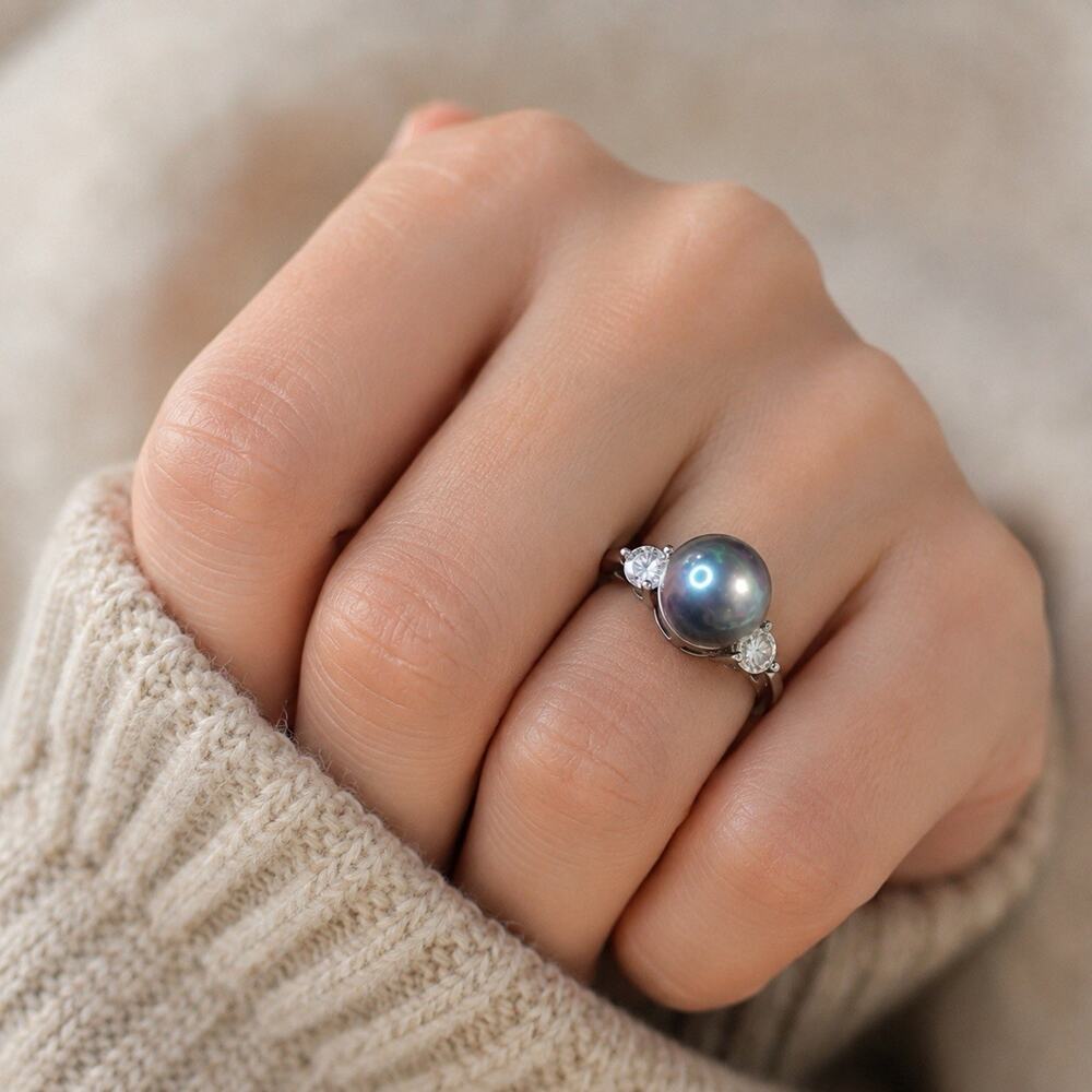 Authentic ZALES 925 Sterling Silver Gray Pearl Three Stone Ring Sz 7